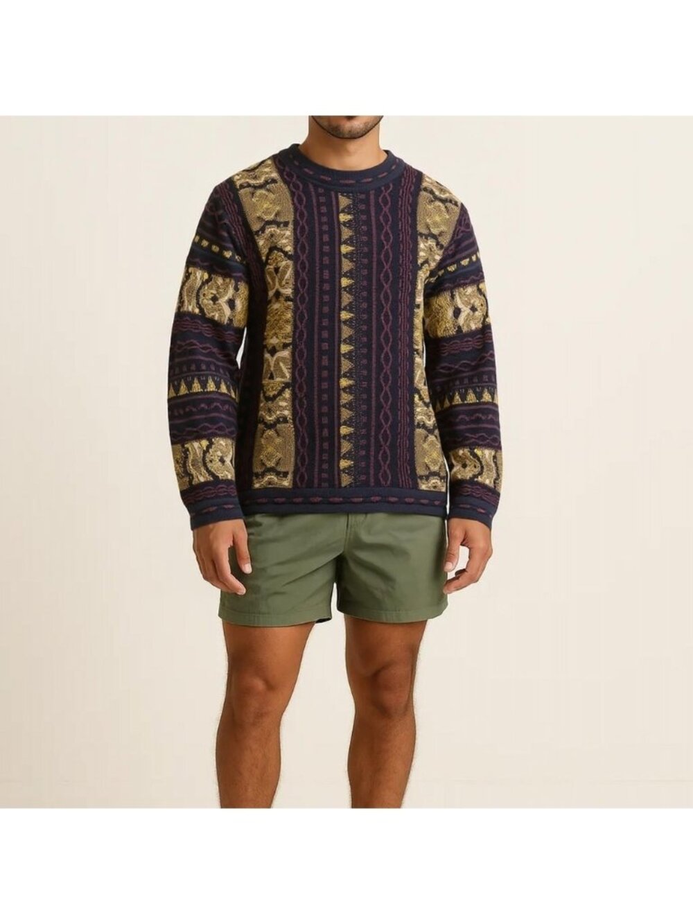Vintage 3D Knit Patterned Crewneck Sweater
